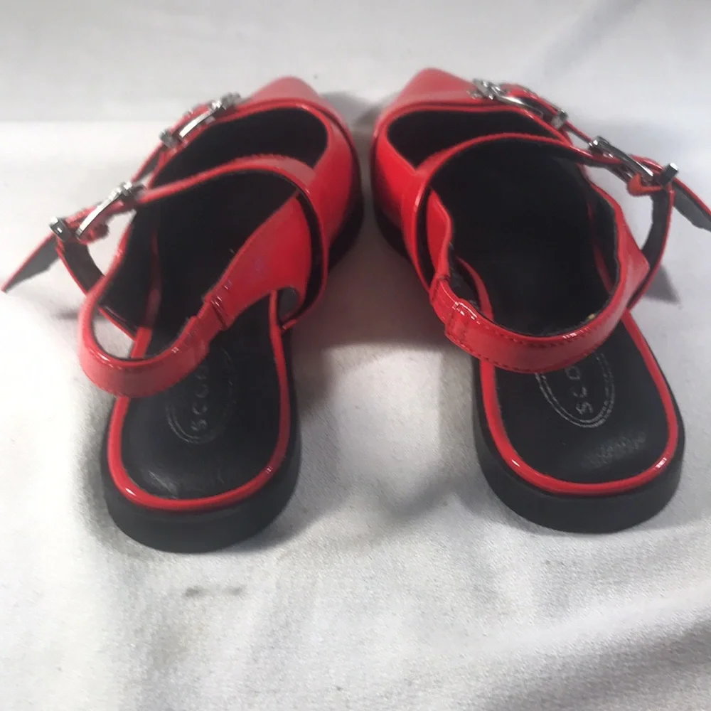 Women’s  Red Vegan Patent Leather Slingback Flats with Double Buckle Detail Sz10
